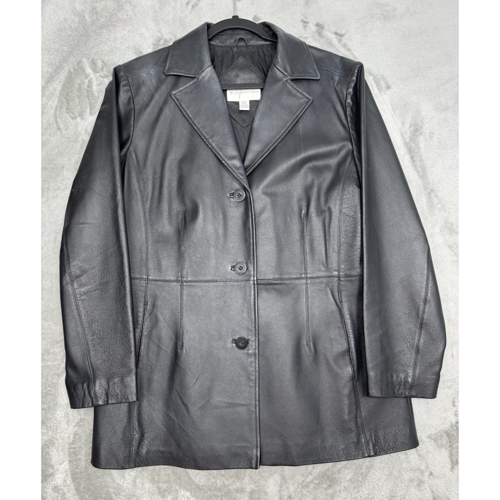 Vintage Worthington Black‎ Leather Jacket Womens Large L Pea Coat Biker 90s Y2K